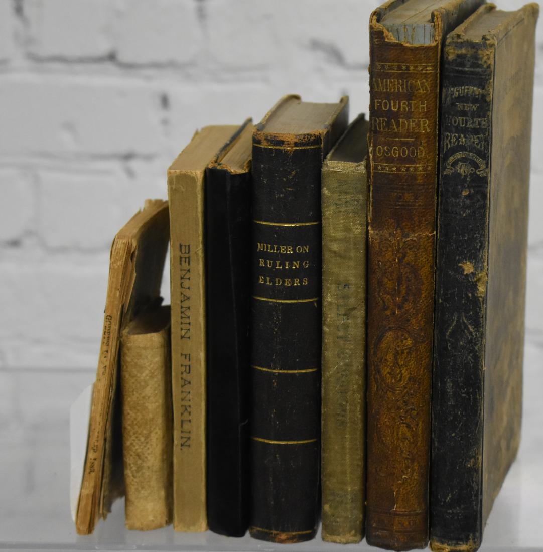 Grouping of 19th Century Educational Books: Lot includes two fourth readers, a copy of "The Ruling Elder" dated 1832, a paper bound copy of "The Autobiography of Benjamin Franklin" and a miniature copy of "The Child's Life of Washington" with t