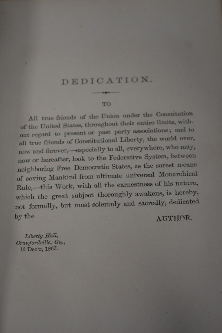 The War Between The States by Stephens: Item is a leather bound book written by Alexander Stephens. Book was printed by S.A. George Philadelphia 1868. The front and back cover are loose from the body and the pages are secure in the binding.