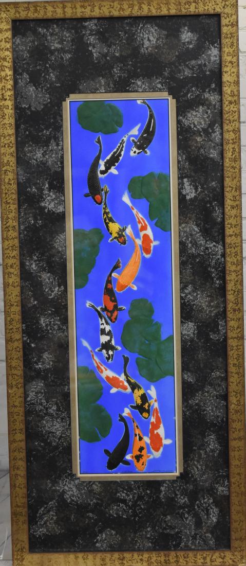 Signed and Numbered "Koi" print: Japanese numbered and artist signed art, titled Koi. Exposed area measures approx. 25"h x 6 1/2"w. It is a hand colored raised paper print of koi fish with lily pads. It is framed and triple matted. P
