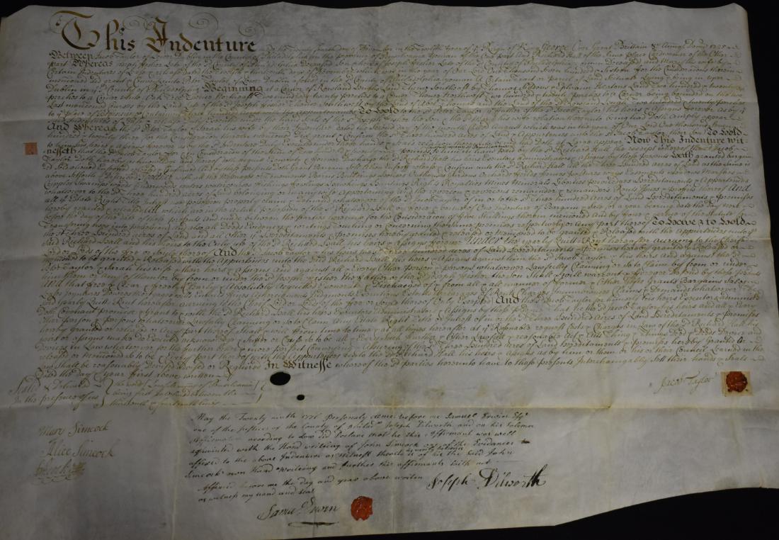 Indenture Dated 1725: Item measures approx. 16"h x 23"w. It is a Philadelphia, Pa. indenture. It is signed by Jacob Taylor, Joseph Dillsworth, Mary an Alice Simcock and Samuel (illegible) .From the Charlie Roberts collecti