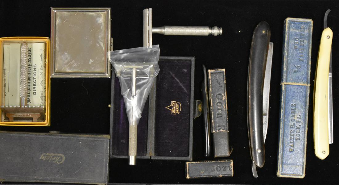Grouping of Vintage Razors: Including a miniature straight razor made by Gorn Germany, two full sized straight razors and four double edged razors - two with case.
