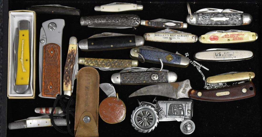 Collection of Quality Pocket Knives: Including a single blade "Keen Kutter" with a metal case, a "Schrade" #152 Old Timer skinning knife, a boy scout knife, a cub scout knife with a blue body, a "White Tail" knife with a yellow handle an