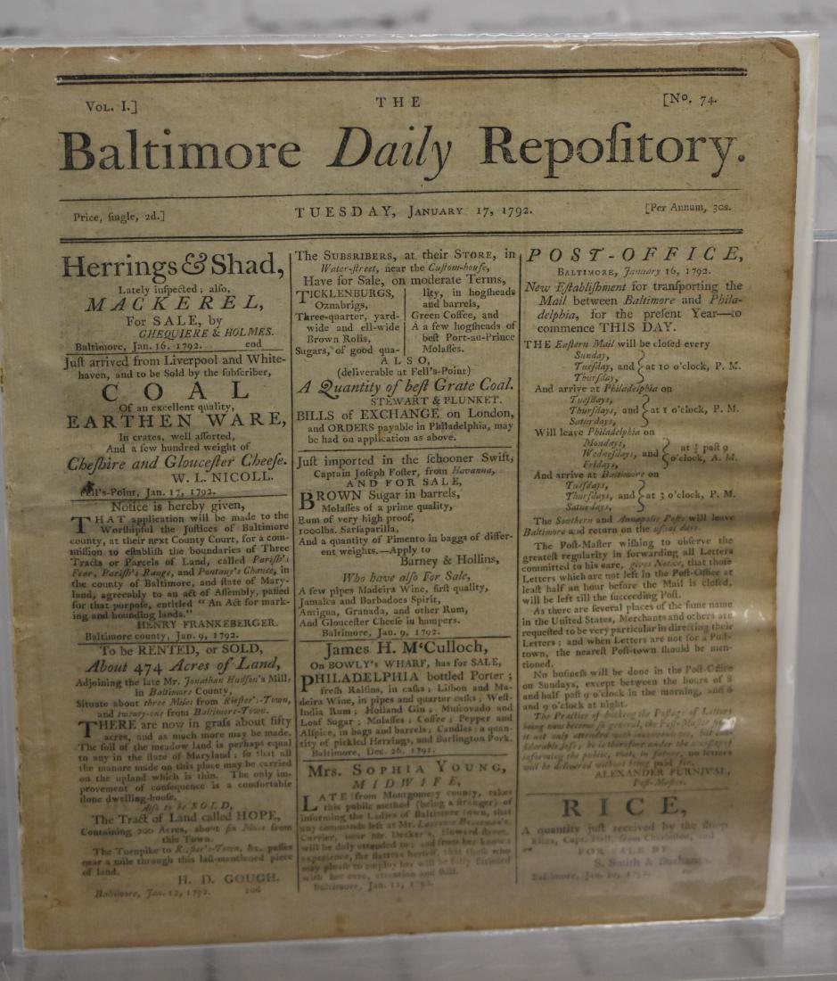 1792 Baltimore Newspaper: Item measures approx. 11"h x 9"w. It is two two sided pages with information on an African church in Philadelphia, the Indian Wars and Thomas Paine's new book. It also has interesting ads of the perio