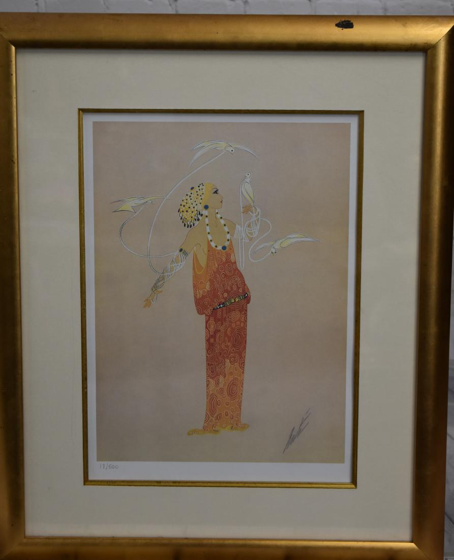 Numbered Erte Print of a Woman with Birds: Exposed area measures approx.15 1'2" x 11"w. It depicts a beautiful woman with four tethered birds. It is numbered 18/500 lowered left and has a printed signature lower right.