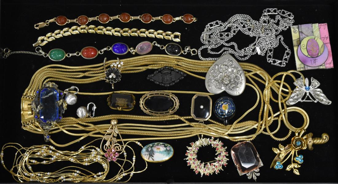 Costume and Designer Jewelry: Including a seven strand Trifari necklace, a glass pendant, a Victorian pendant, a Coro bracelet and various Victorian and costume jewelry items