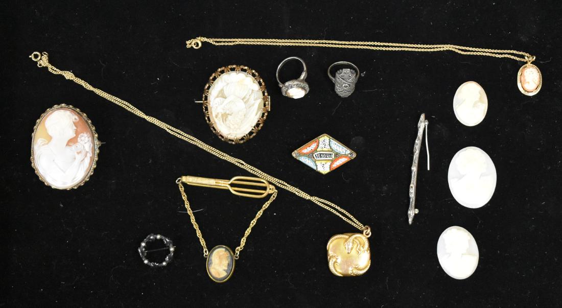 Cameos and Gold Filled Jewelry: Group includes eight cameos (three are loose), a gold filled snake locket on a chain, a micro mosaic pin marked "Italy" and other quality items.