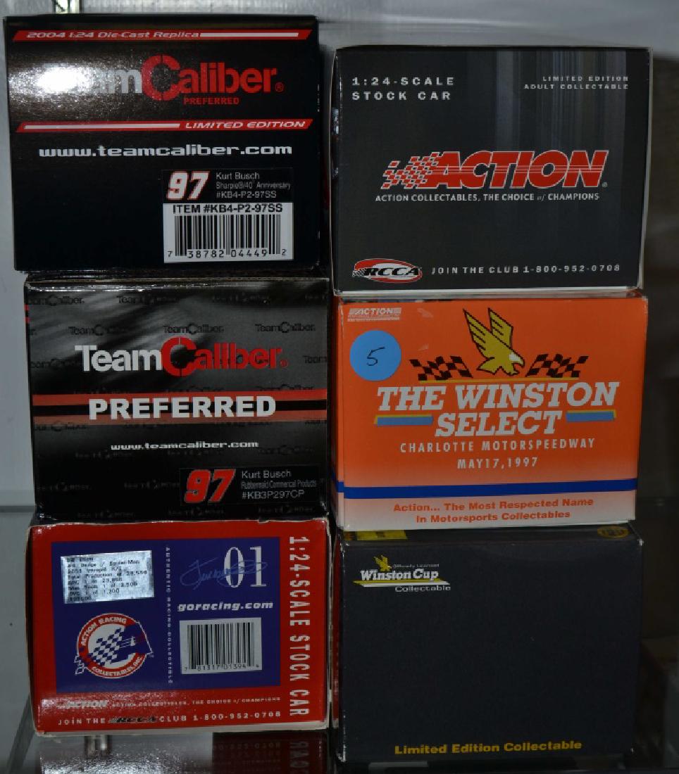 6 Die Cast Race Cars Incl. Kurt Busch Auto.: 2003 Dale Earnhardt Jr. RCCA Action 1 of 2,508 & 1997 Dale Earnhardt Action Limited Edition & 1997 Bill Elliott Elite 1 of 7,500 & 2004 Kurt Busch Team Caliber 1 of 5,004 & 2003 Kurt Busch Team Calibe
