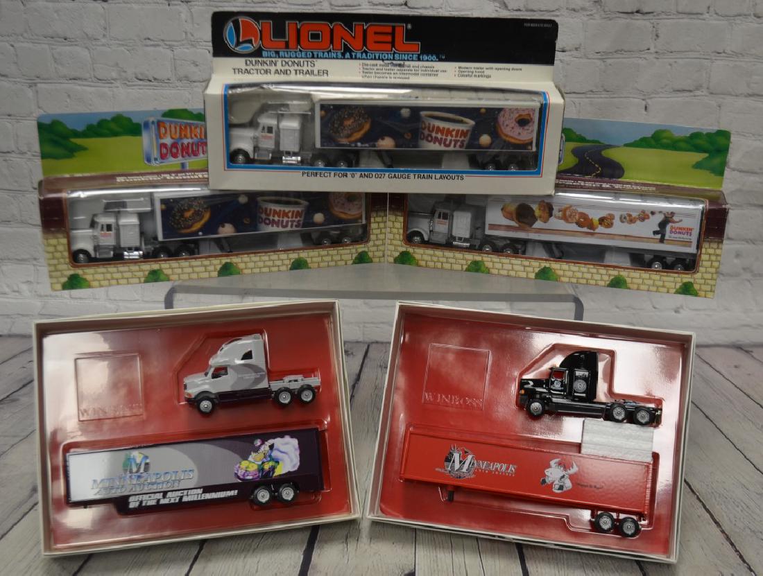 Five Collector Diecast Trucks: 3 Piece Dunkin Donuts Tractor Trailer Diecast Set (one made by Lionel)and 2 new in box Winross trucks (Minneapolis Auto Auction)