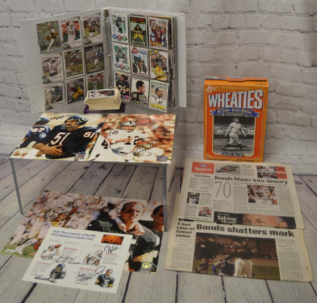 Sports Cards, Autographs and More: including 118 Elvis Trading Cards (approx. 1970s), binder of football and baseball cards approx. 300, Anniversary Wheatie's Box with Babe Ruth on front, two newspapers, autographs from Legends of the 