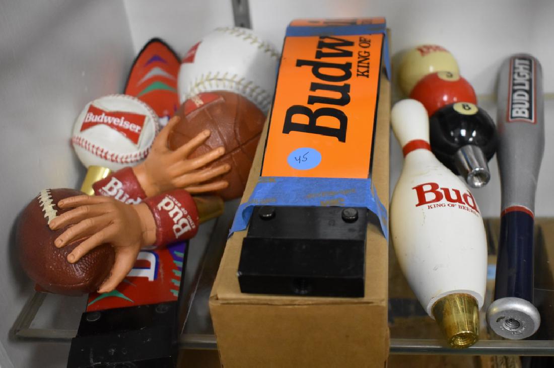Budweiser Tap Handles (10): Budweiser Tap Handles - Misc. Sports - Basketball, Football, Softball, Baseball, Ski (5 in Set) and Budweiser Tap Handles - Misc. Sports - Pool, Bowling, Bat, Ski, Plus Bud Tap Marker (5 in Set)