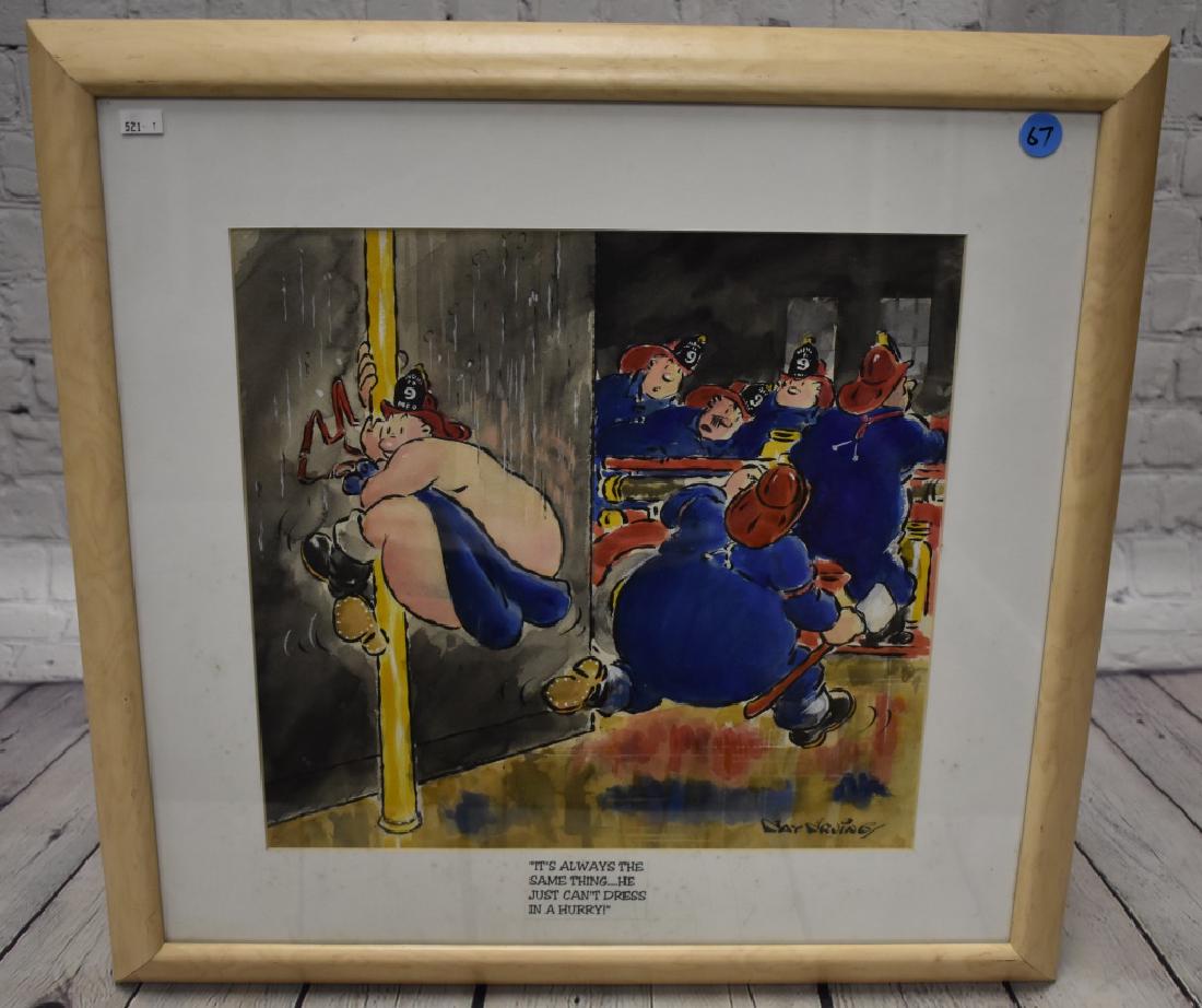 Jay Irving Original Watercolor Cartoon: Titled 'It's Always the Same Thing...He just Can't Dress in a Hurry!" Featuring Firemen. Measures approx. 12 1/2" x 13".