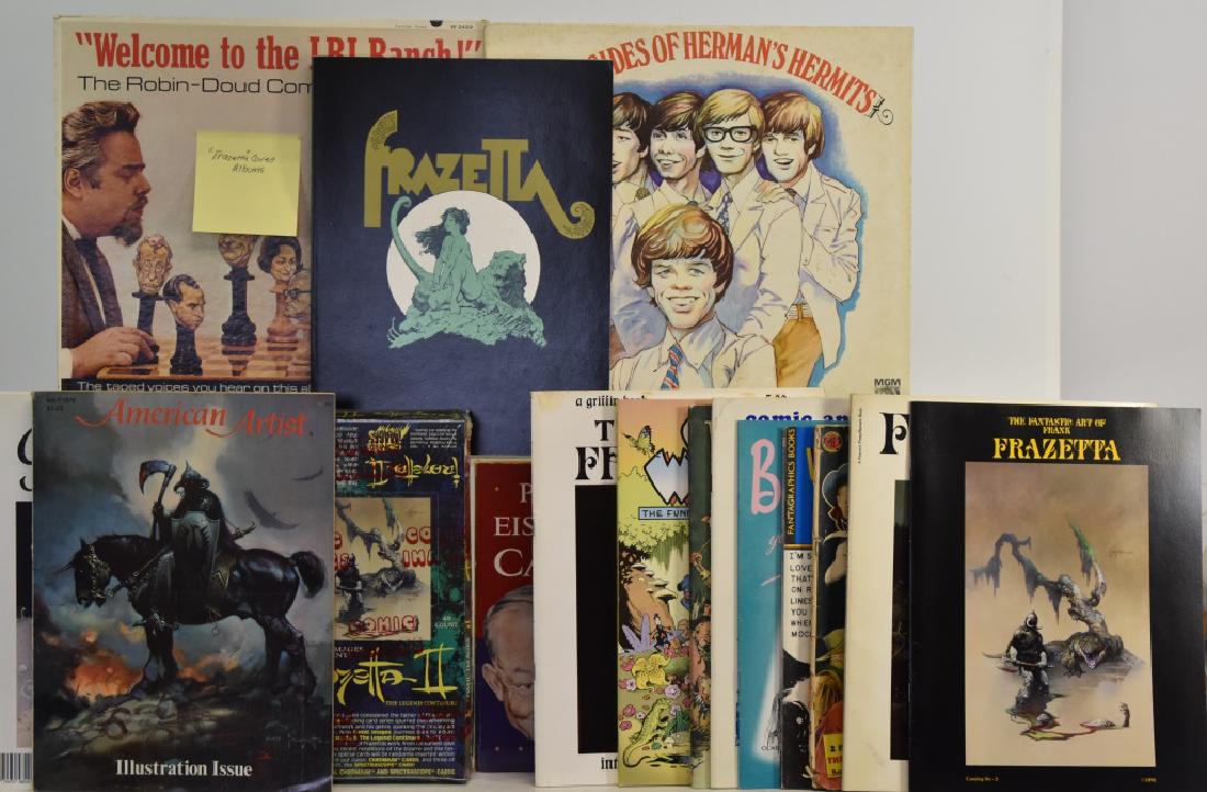 Frank Frazetta Grouping of Material: Including two boxes of Frank Frazetta trading cards Issue 1 & 2. Two albums with Frazetta cover art "Welcome to he LBJ Ranch" and "Both Sides of Herman's Hermits". President Eisenhower Cartoon Book, s