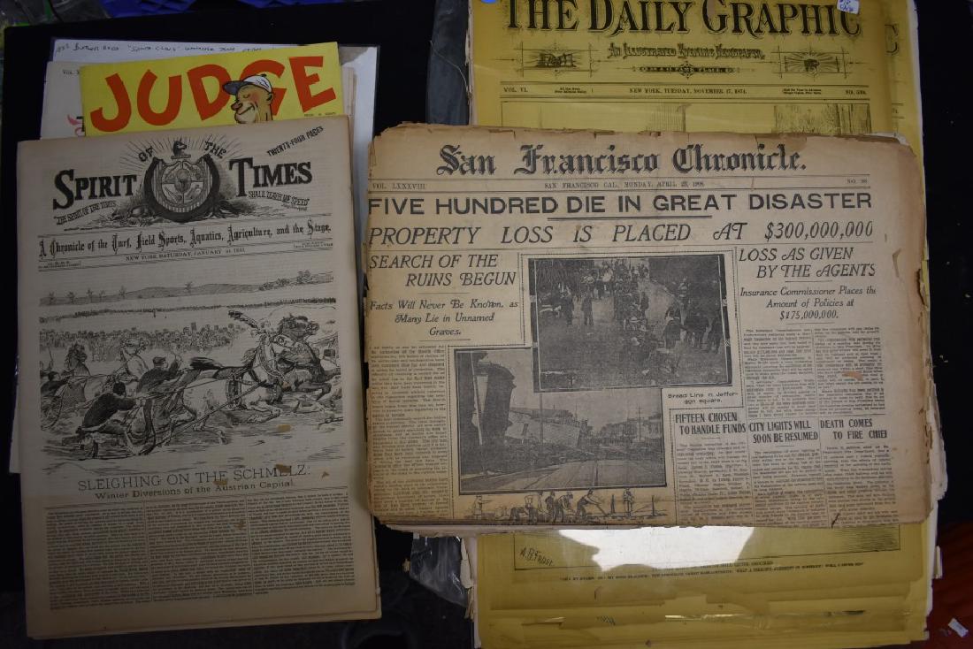 Collection of Early Periodicals: Including four 1906 San Francisco earthquake newspapers, two Spirit of the Times Jan 24 1880 and Dec 13 1879, July 1933 Judge, over ten The Daily Graphic newspapers 1874-1875 condition: tears througho