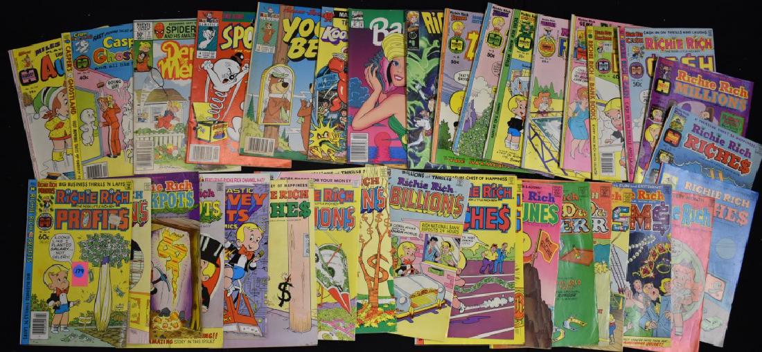Richy Rich Comic Book Grouping w/ Extras: Including 28 Richy Rich comics mostly 1970's and 1980's but some newer, two Casper 1979 No. 98, Audrey 1976 No. 120, Dennis the Menace 1981 No.2, Spooky, Yogi Bear, Kool-Aid Man, and Barbie. 35 total.