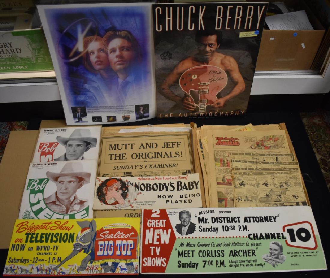 Poster, Newspaper, and Advertising Grouping: Including a Chuck Berry autographed Autobiography poster, laminated X-Files poster, a collection of 1920-30's Felix The Cat newspaper pages, and a few others, Bob Steele "Pinto Canyon" AND "El Diablo"