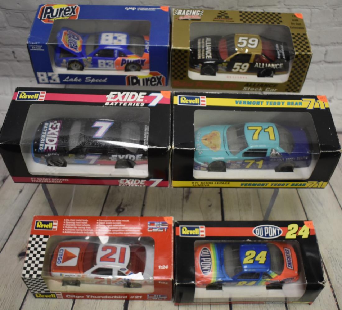 Six 1:24th Scale Die cast Cars: Geoff Bodine, Robert Presley, Morgan Shepard, Jeff Gordon, and Kevin Lepage revell cars, Lake Speed G&P car.