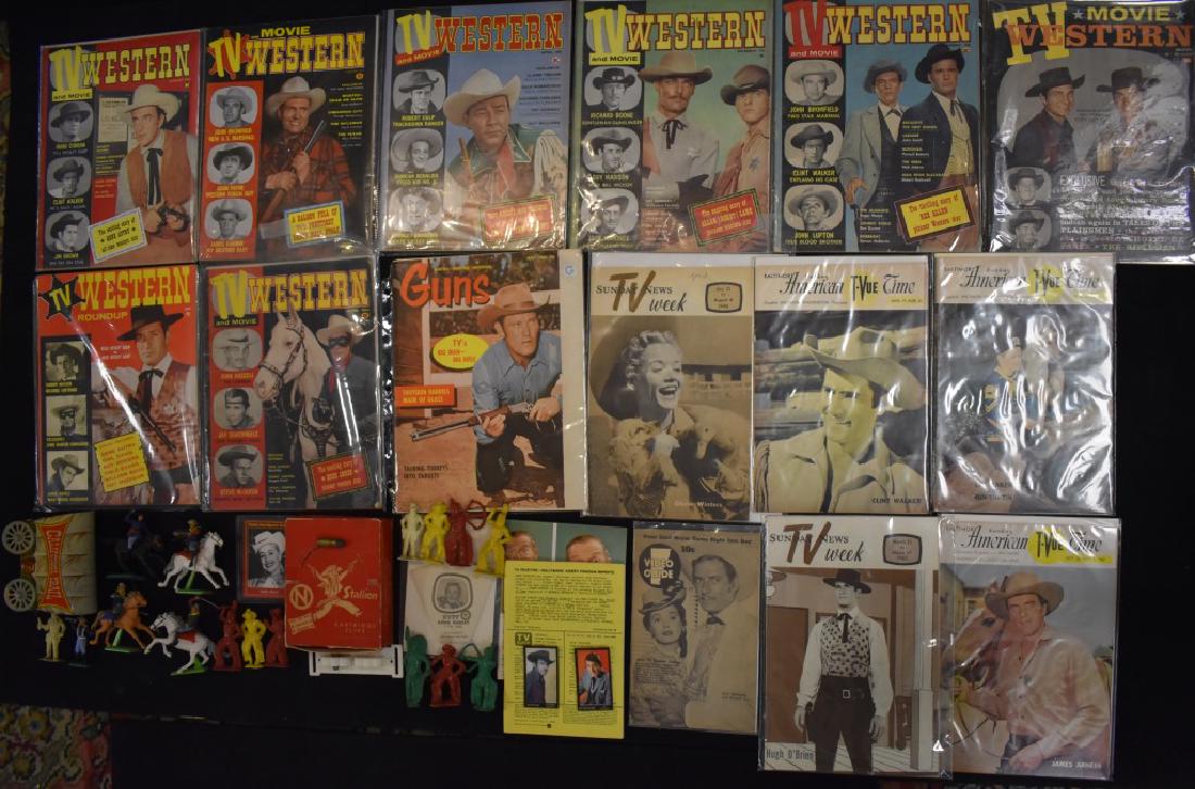 Toy Cowboy and Western Magazine Group: Including collection of Cowboys and Indians by various makers (e.g. Detail and Marx and others). 15 figures (some molded plastic with metal bases, some just molded plastic) plus tin-litho covered wago