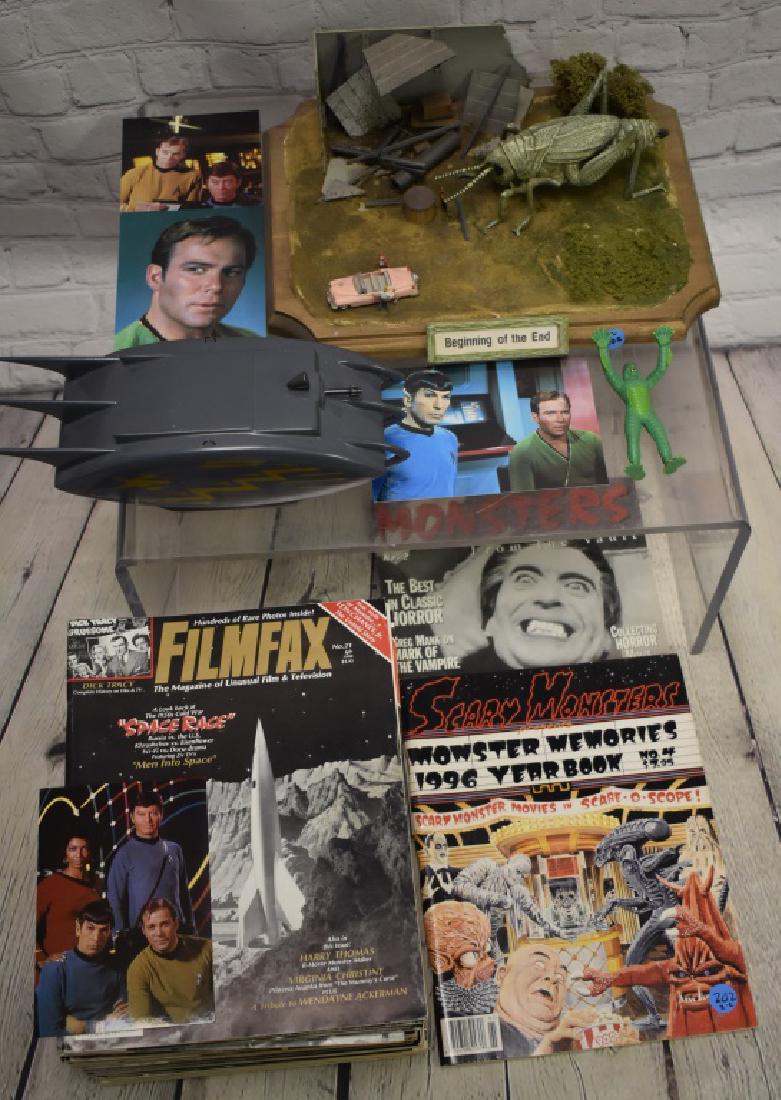 Sci-Fi Models and Magazines: Custom built sci-fi model including Beginning of the End, Space Patrol like ship and magazines including Film fax (24) and Monsters from the Vault, Scary Monster 1996 Yearbook, with set of 7 Star Trek