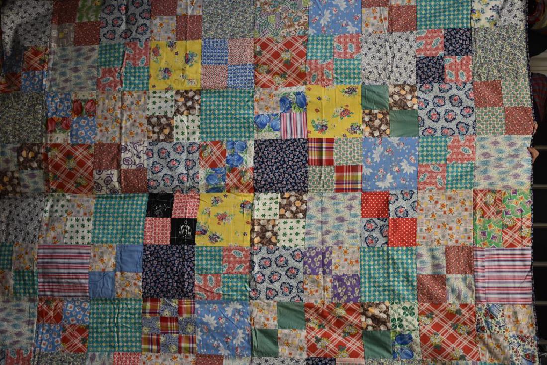 Knotted Crazy and Feed Sack Quilt: Item measures approx. 74"h x 66"w. It has mixed material patches, is machine sewn, hand knotted and is a two sided crazy quilt. Several patches show wear on one side. The second quilt measures approx.