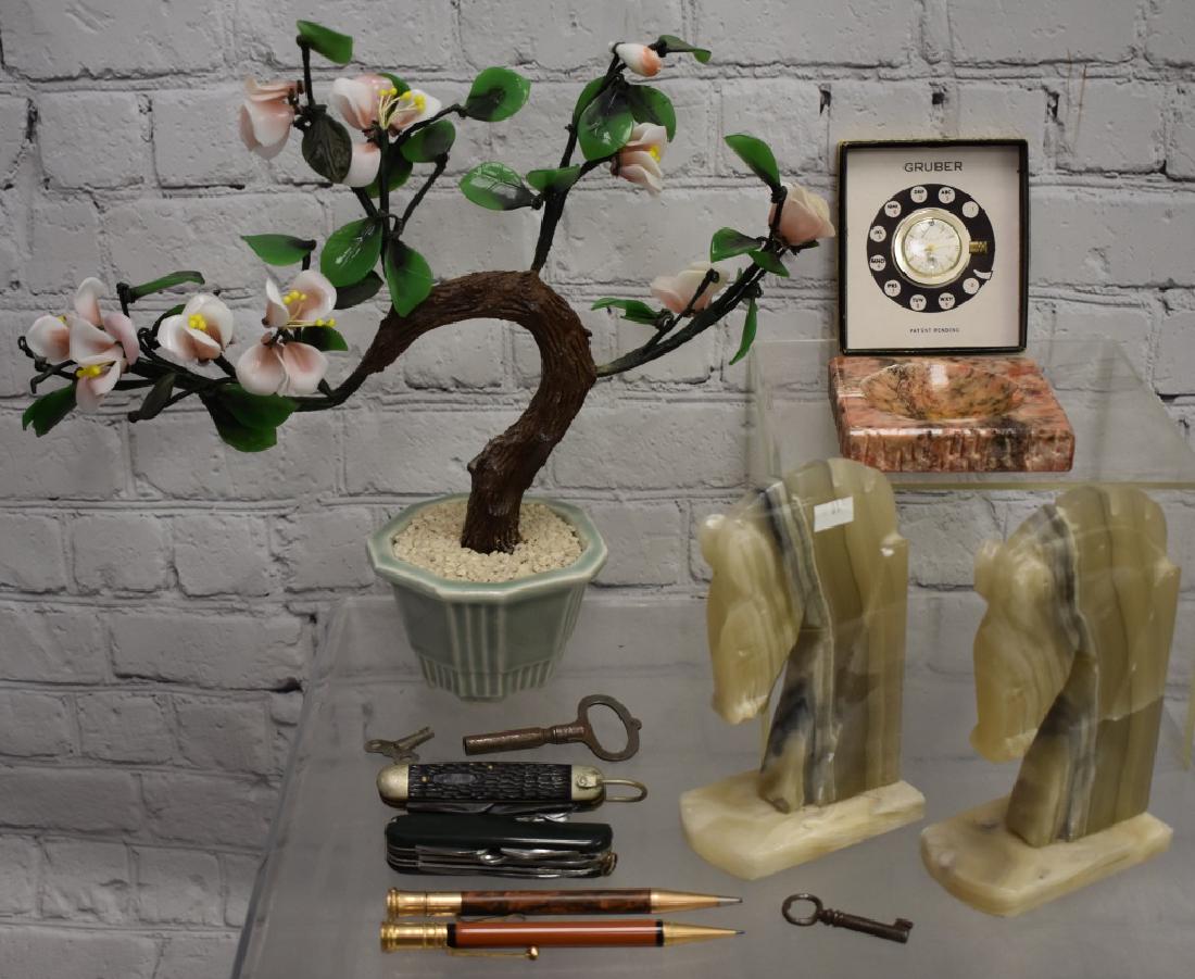 Alabaster Bookend, Pocket knife, and more: Including Alabaster horse book ends (with minor chips), glass Asian bonsai tree, Alabaster ashtray, Gruber wind-up clock in original to your box, Swiss Army utility knife Ulster pocket knife, Evershar