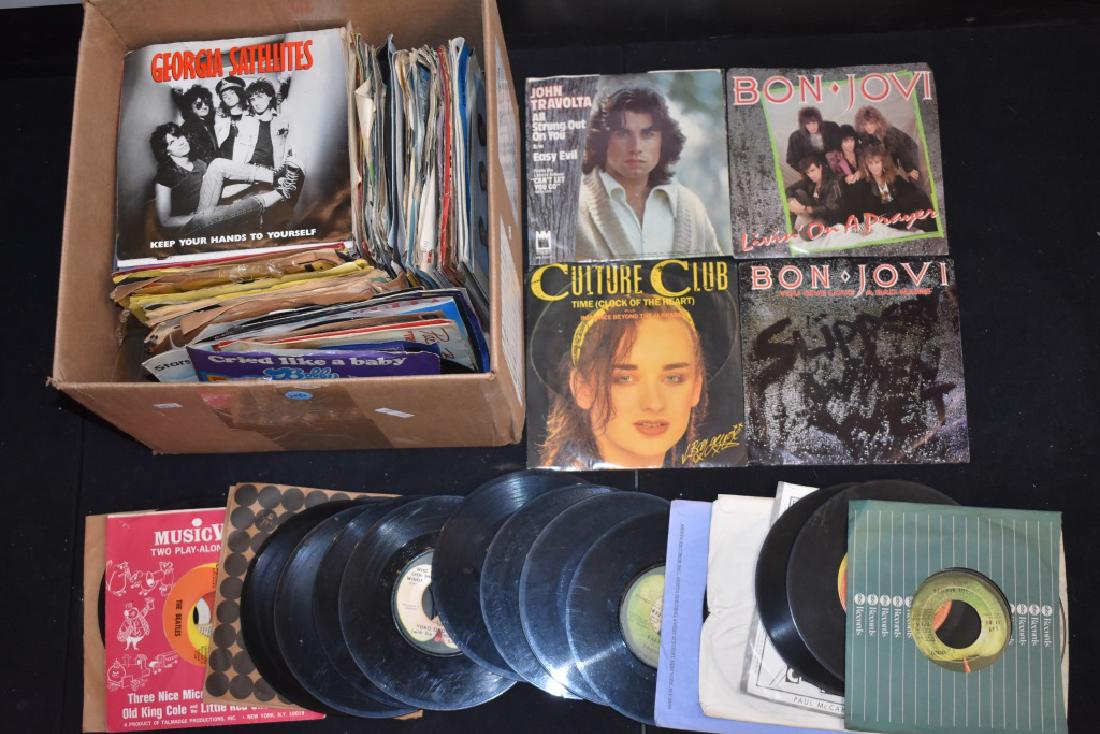 Box of Records (45s): Including twenty Beatles, The Doors, Bon Jovi, John Travolta, Madonna, Elton John, Culture Club, Motley Crew, and others.