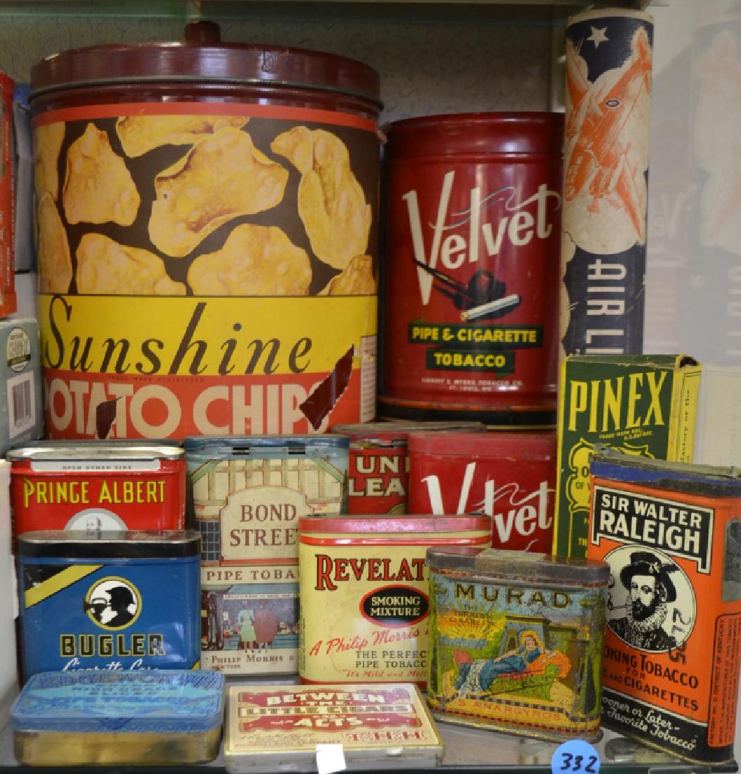 Early Tin Grouping: Includes 1 lb. Sunshine potato chip, 13 tobacco tins (velvet, Sir Riley, Prince Slbert, Bulger, Union Leader, Bond Street, Revelation, Murad, and others)