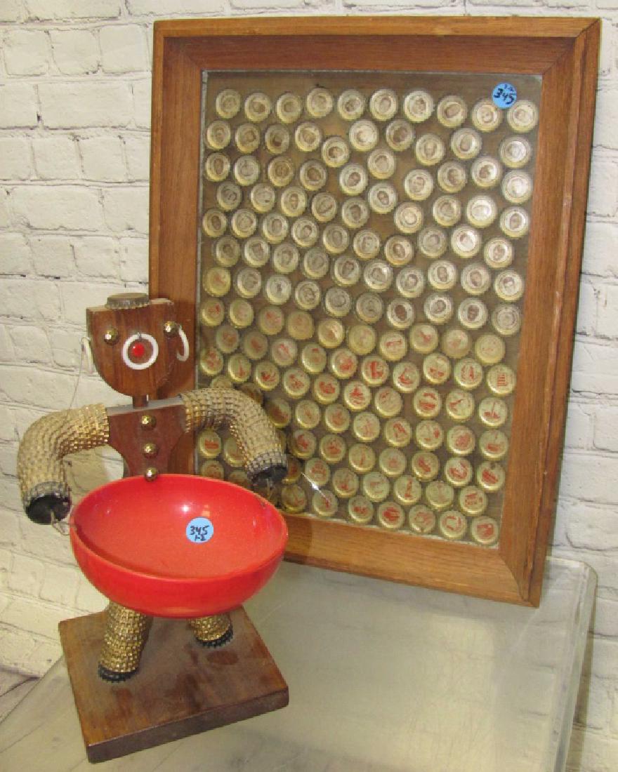 Mid Century Bottle Cap Art & Display: Includes wood figure with bottle cap limbs holding snack bowl and framed bottle cap display featuring approx. 50 state and territory images and approx. 50 NFL all star players. Stars include Charley T