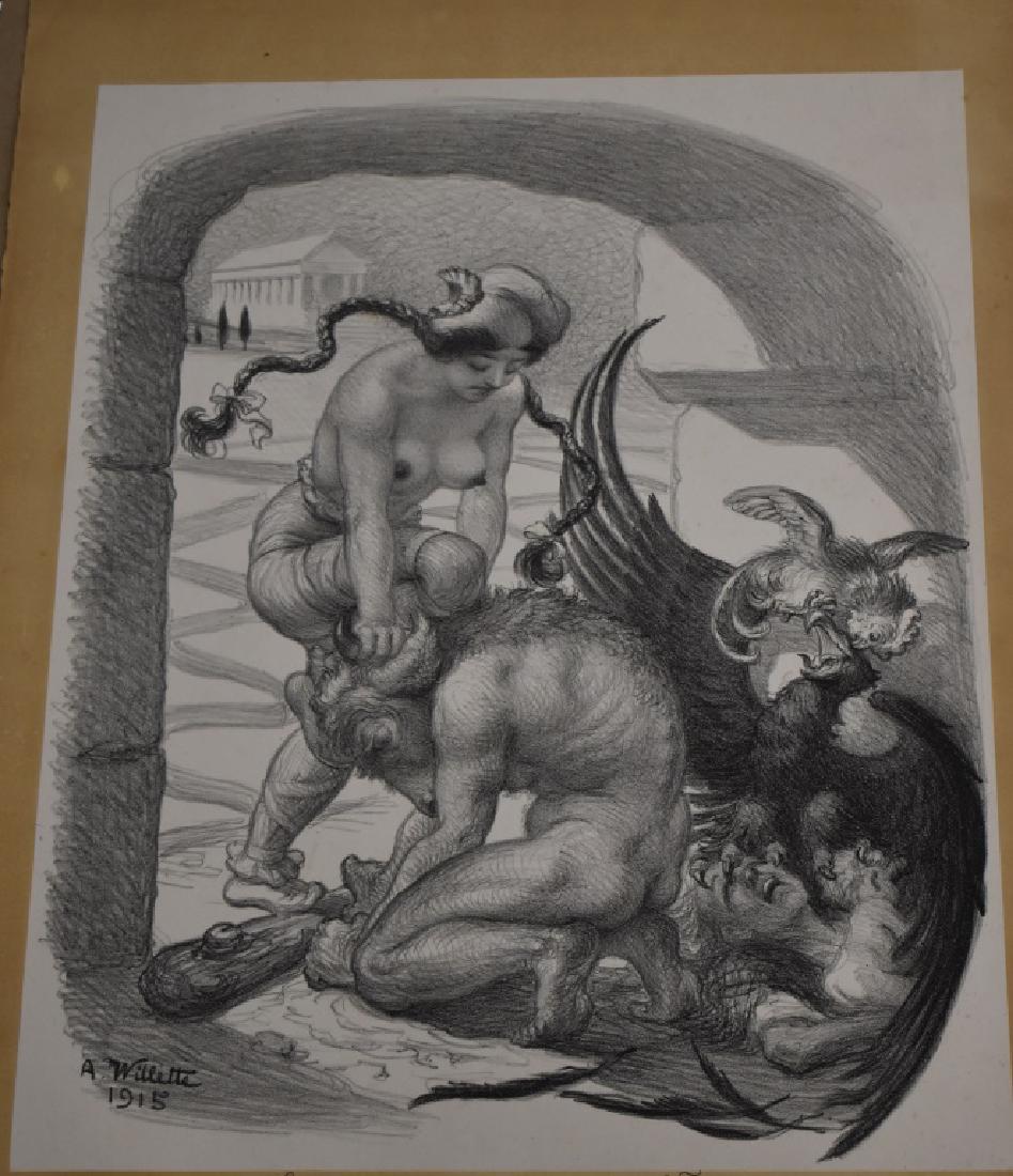 French Print of "The Beast at Front de Taureau": Folio measures approx. 24"h x 19"w. It is a French print of a woman subduing a beast. It is signed "A. Willette 1915" lower left and is hand numbered 39/500.
