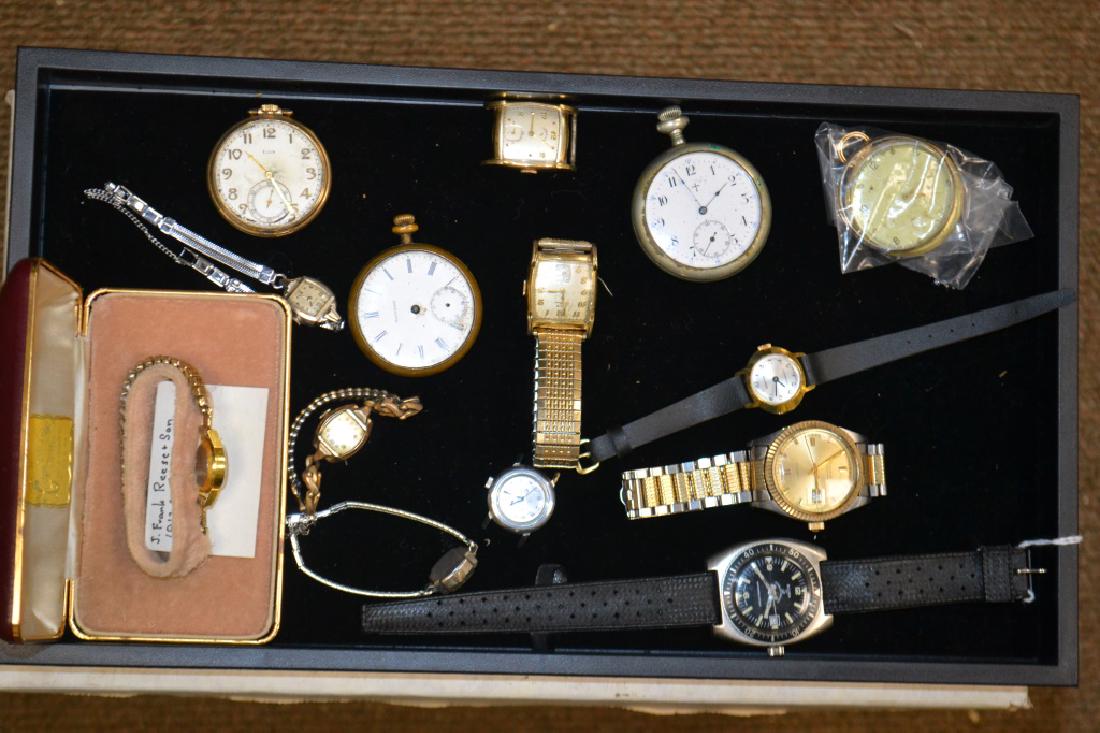 Grouping of Watches and Parts: Including a Charles Bonnet scuba watch marked "Swiss Made", a men's "Elgin" deluxe. a "Bulova" oceanographer and a men's watch with a calendar marked "Swiss". Lady's watches include a "Wyler" Incaflex