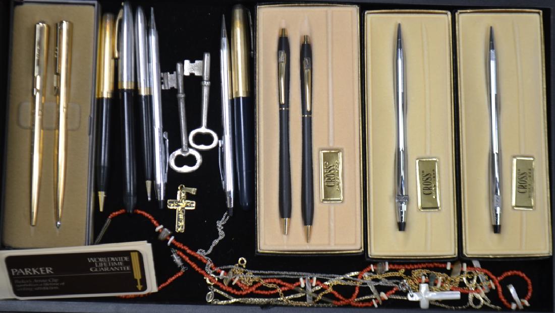 Grouping of Pens: Including various Cross pens marked "York" in original boxes, a gold tone Parker in original box, two vintage fountain pens - one with a 14K gold nib, other pens and a few pieces of costume jewelry.