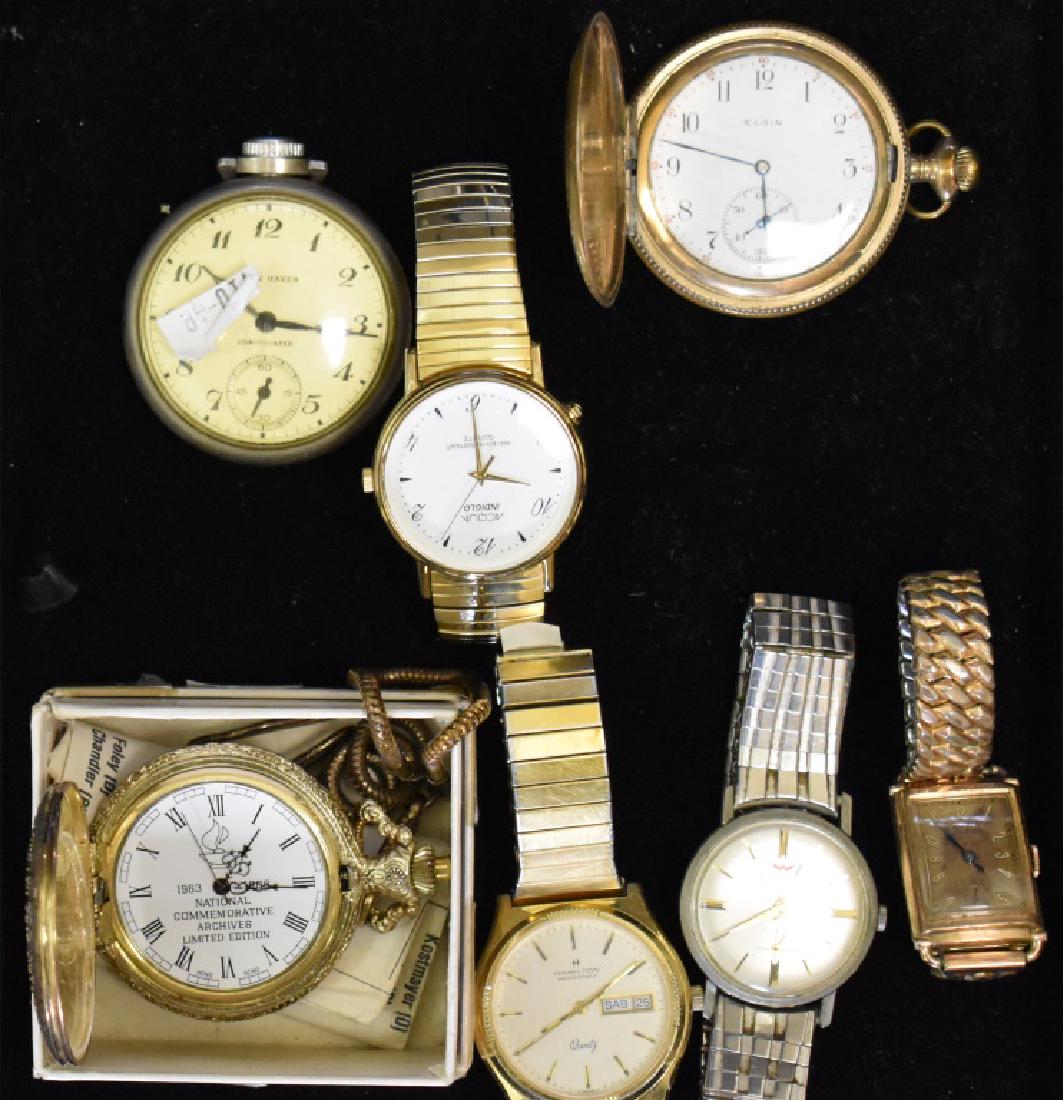 Pocket Watches and Wrist Watches: Pocket watches include an Elgin in a hunt case, New Haven and a commemorative John F. Kennedy watch with fob. Wrist watches include a Hamilton masterpiece with date and calendar, a Waltham 17 jewel, a
