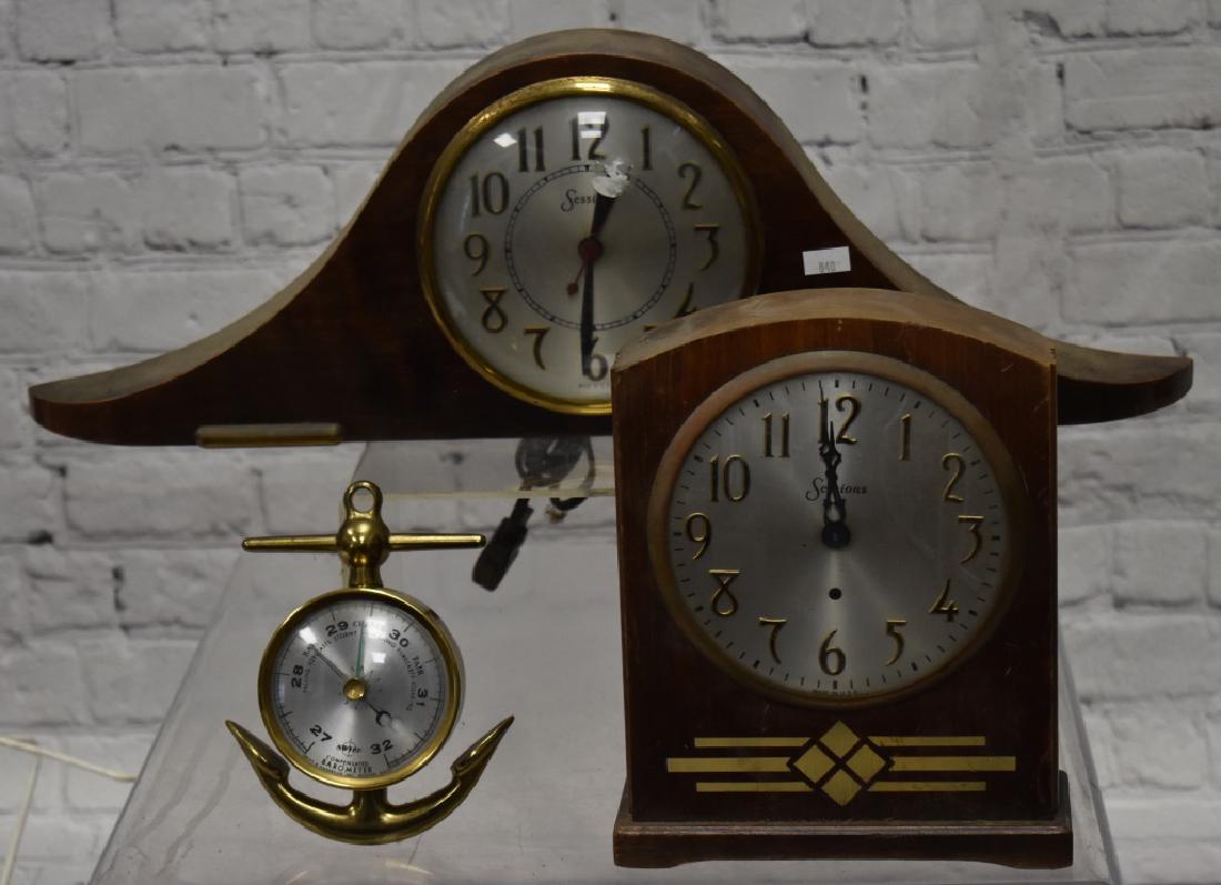 Vintage Clocks and a Barometer: Two 1940's electric "Sessions" mantle clocks and a "Swift" brass anchor barometer