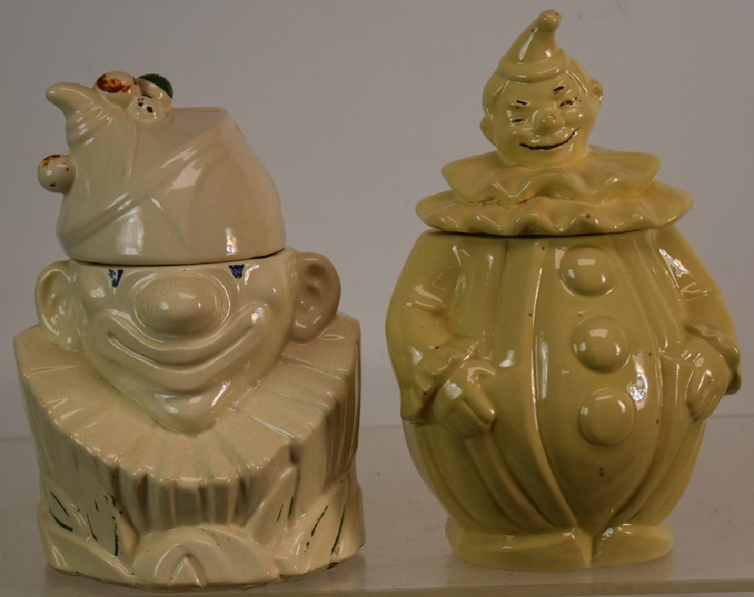 Two Clown Cookie Jars: Larger measures approx 11"h and was made by "Pan American" and the other is marked "McCoy" and both shoe paint loss.
