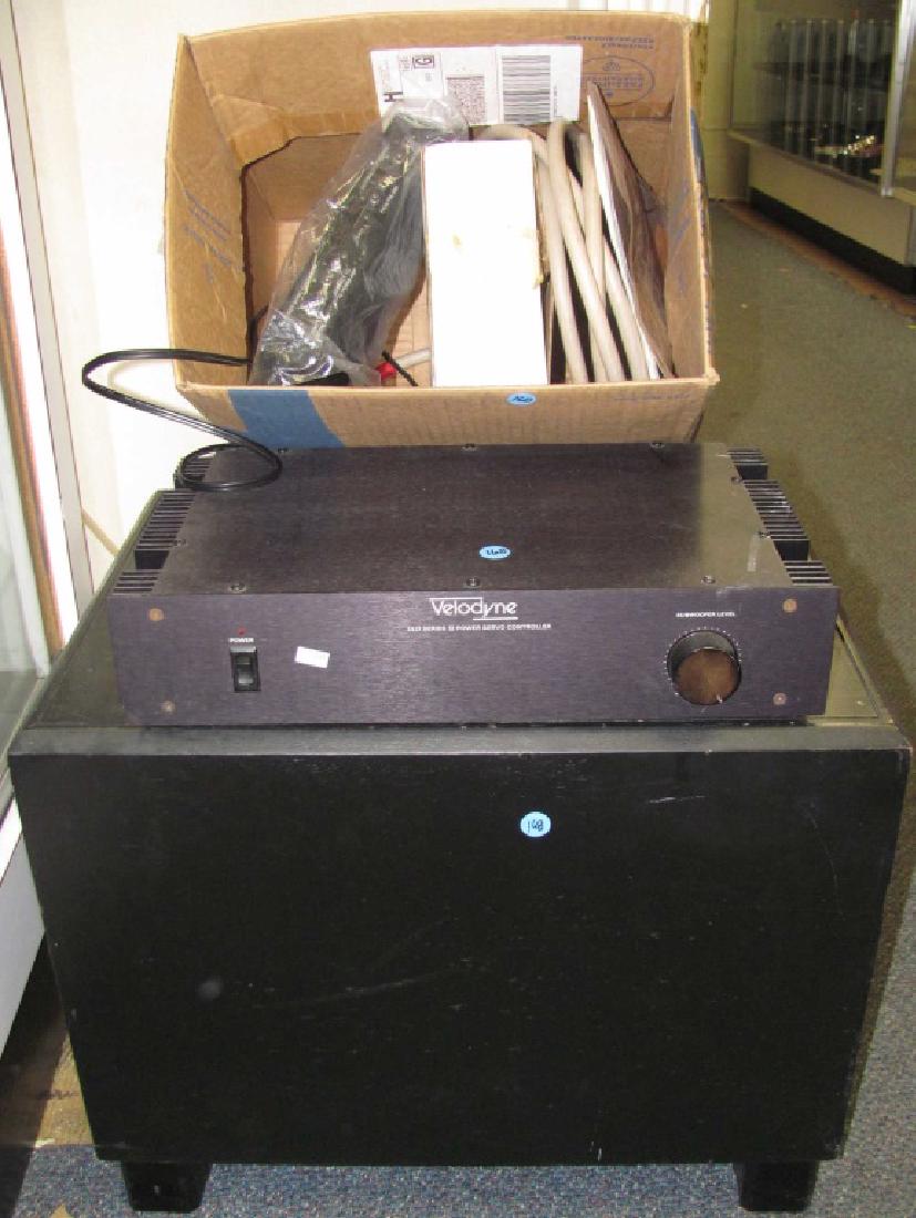 Stereo Equipment Grouping: Including a "Velodyne Series II Power Servo Controller" Model ULD- 15A7. Item is marked "Made in USA". also a large sub woofer in the case, two Velodyne crossovers and various cables.