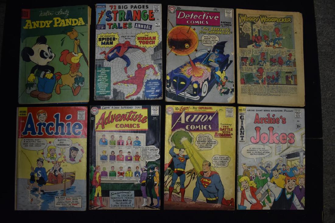 Vintage Comics: Comics include "DC Superman Action Comics 10 cent #254", "Strange Tales" annual #2 1963 with Spiderman. detective comics "Batman" ten cent #266, "Adventure" comics with Superboy, two vintage "Archie" 