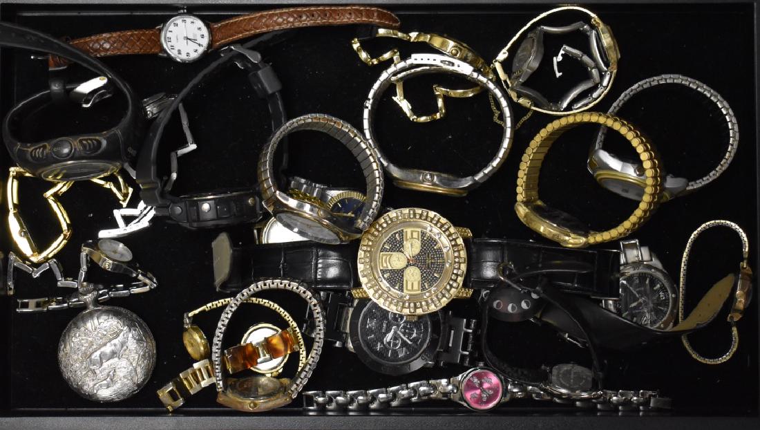 Collection of Watches: Over twenty watches including an "Aspen" pocket watch in a hunt case with a pheasant on the face, a "Charles Raymond" statement watch, a lady's "Novelle" gold tone watch, a "Geneva Diamond" and many o