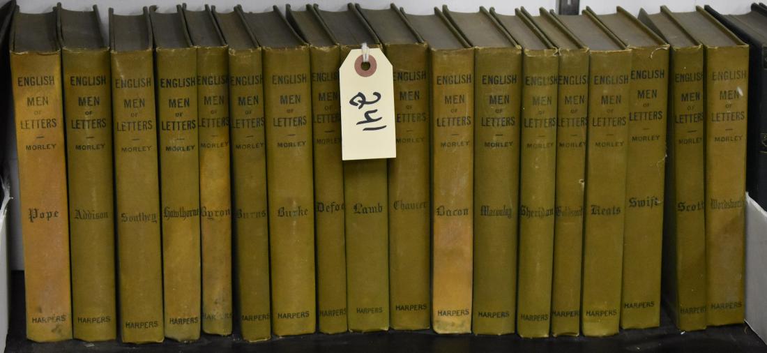 "English Men Of Letters" Book Set by Morley: Eighteen books on important English authors. Including books on Defoe, Keats, Pope, Byron and others. Most books are in sound condition but are dirty at top of binding from storage.