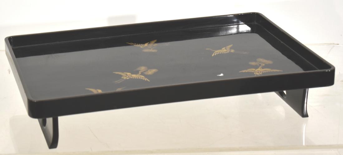 Vintage Japanese Lacquered Footed Serving Tray: Item measures approx 18" in length. It has a crane motif. It is a footed tray (item has minor scuffs on interior lip of rim).
