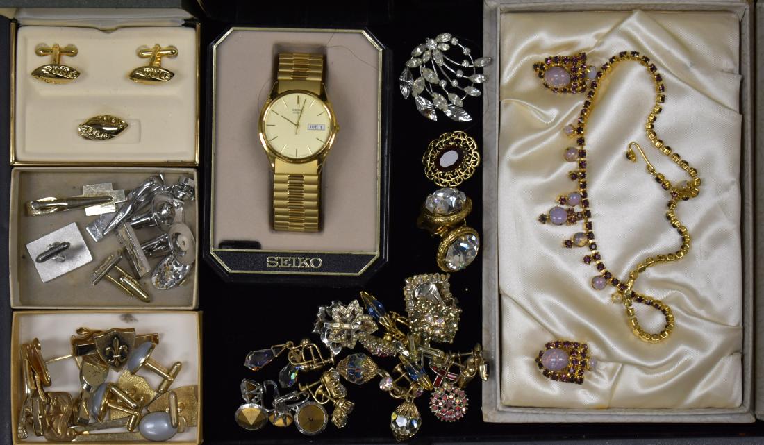 Lady's and Men's Jewelry: Including a necklace and earring set with opals and red stones, vintage clip earrings with large crystals marked "Freirich", other vintage earrings, a men's Seiko watch with calendar and a selection o