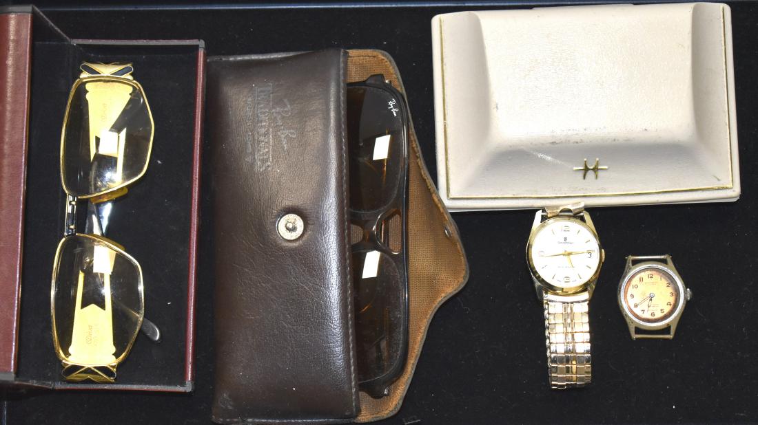 Watches and Designer Sunglasses: Including a men's "Sovereign" wrist watch marked "Swiss Made", a "New-Ardath" wrist watch marked "Swiss Made" missing crystal, a Hamilton movement marked "Swiss", a pair of men's Ray Ban sunglasses in