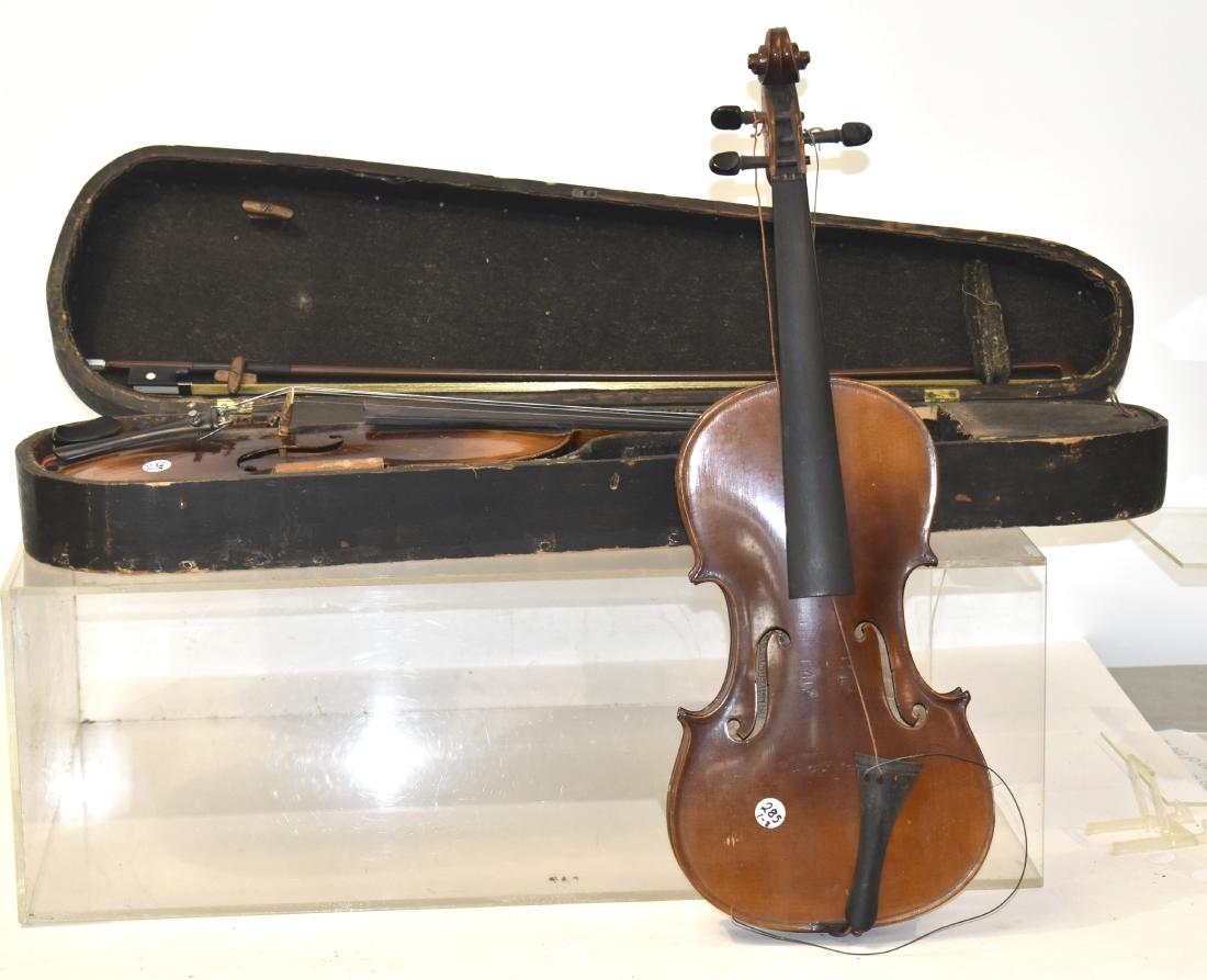 Vintage Suzuki Violin and Another: Lot includes a vintage "Nasakichi Suzuki Nippon #2" violin. Item has a spruce top, a tiger maple back and the neck is tight as well as the glue around the body. The second is an earlier violin with a 