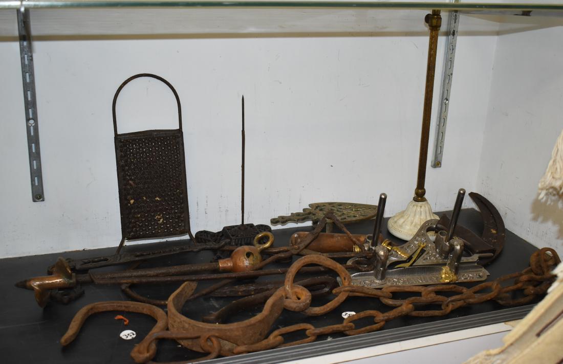 Vintage Tools and Accessories: Including a nickel plated Stanley molding plane with a re- weld and missing blade, a large chain with bale hooks, a tetherall, an iron and brass auger, a brass trivet, a Victorian hat stand and other