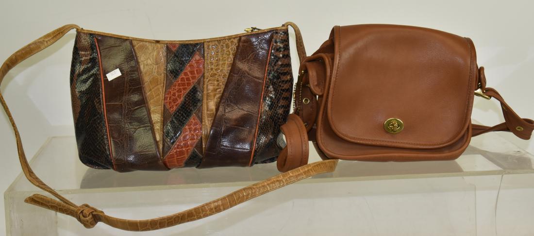 "Coach" Leather Purse and Another: Item measures approx. 7"h x 8"w. It is a brown leather purse. It has "Coach" hang tags and a "Coach" handcrafted stamp on interior. The second is a multi colored purse marked "Sharif" on the zipper pu