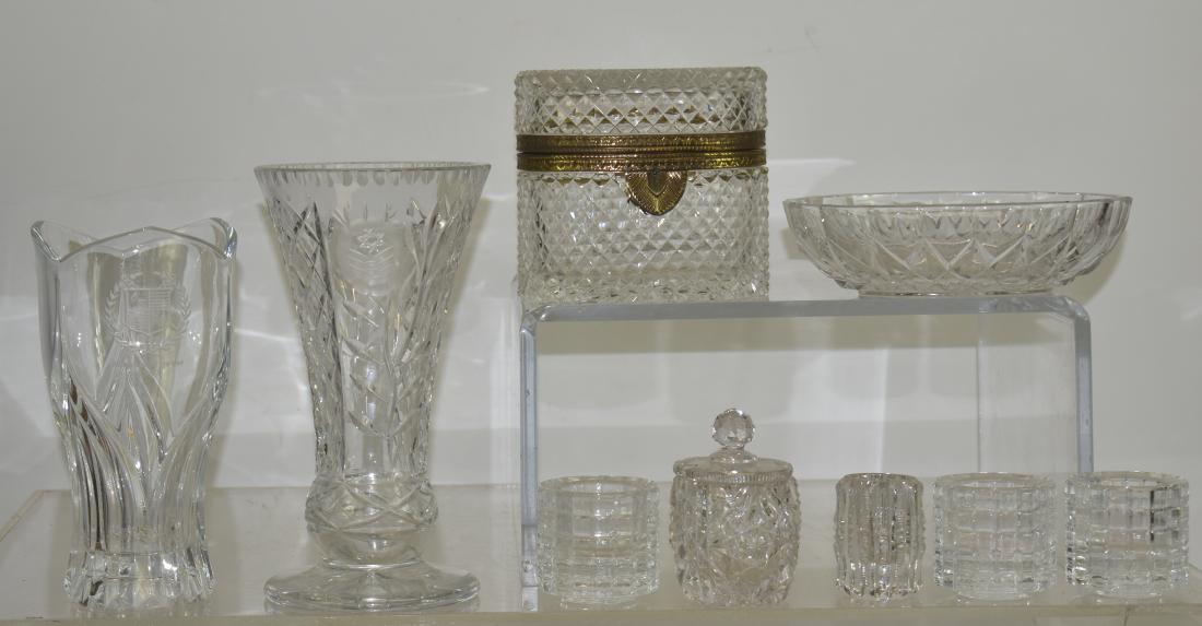 Mixed Crystal Grouping: Including a 9"h crystal vase, a stacking candle holder set, an ovoid bowl marked "Val St Lambert" , a dresser box with brass mounts and other items.