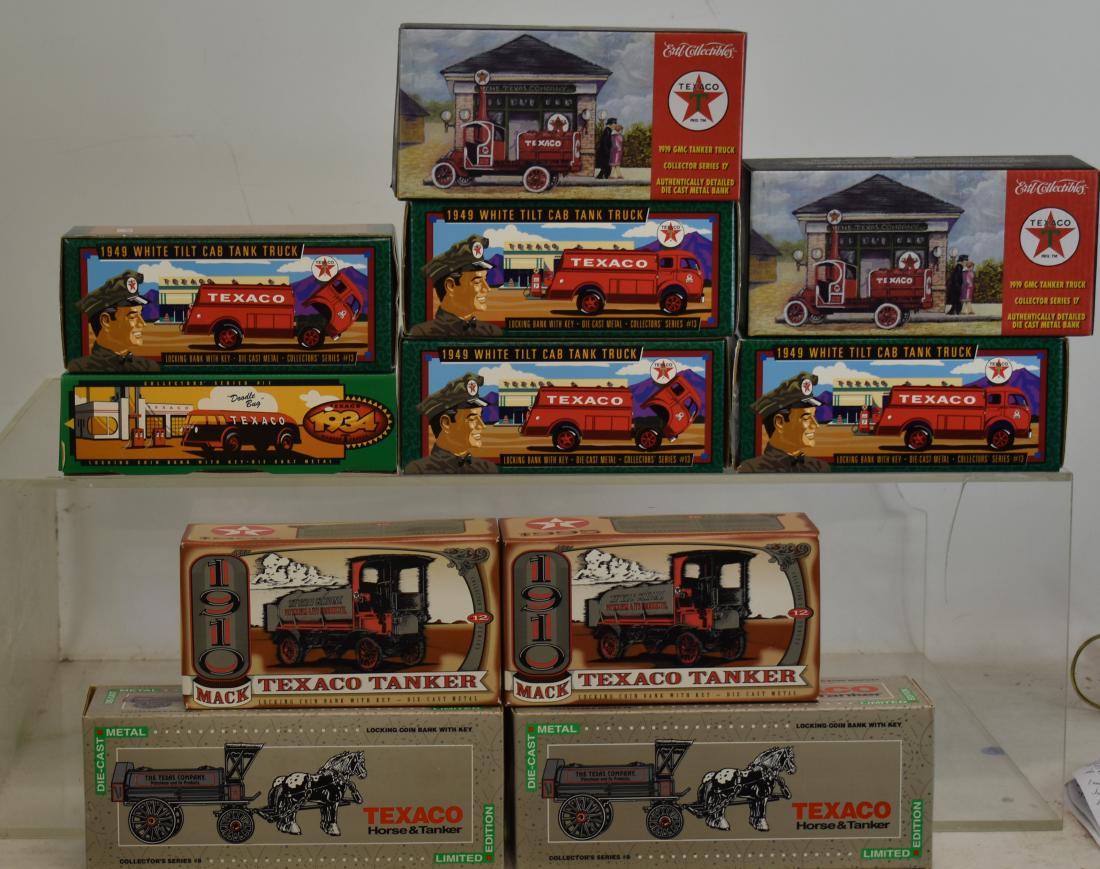 Grouping of Texaco Die Cast Vehicles: Eleven Ertl Texaco die cast vehicles. Items include a Texaco horse and tanker, a 1910 Texaco Mack, a 1949 White Tilt cab and others.