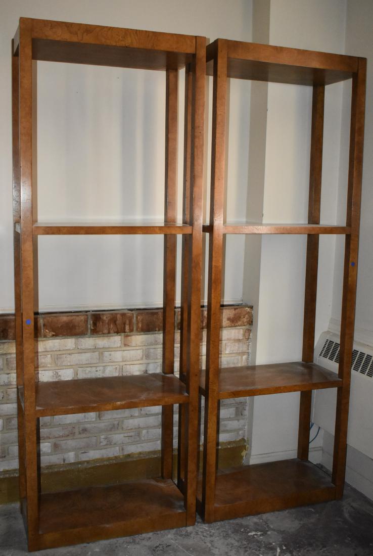 Pair of John Widdcomb Co. Burl Wood Shelves: Finely constructed shelves. Standing approx 80"h x 28"W x 14"D.