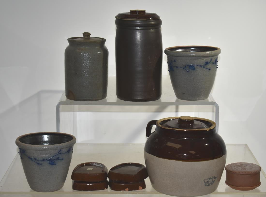 Vintage and Contemporary Crocks: Including a 19th century salt glazed vessel measuring 9"h. a salt glazed vessel with lid, a #3 Crown bean pot with wear to rim, two contemporary decorative crocks and other items.