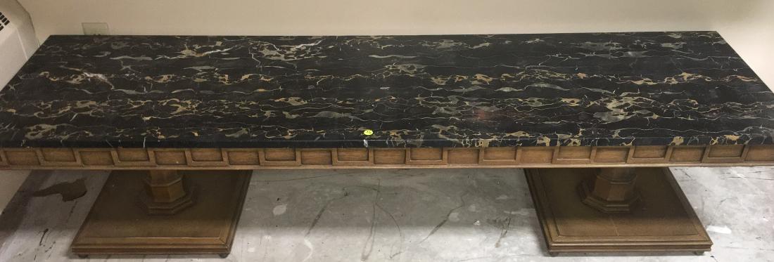 Coffee Table with Black and Gold Marble Top: Item measures approx. 16"h x 70"long x 21"w. The top is black and gold Italian marble and it sits on a 1970s style base.