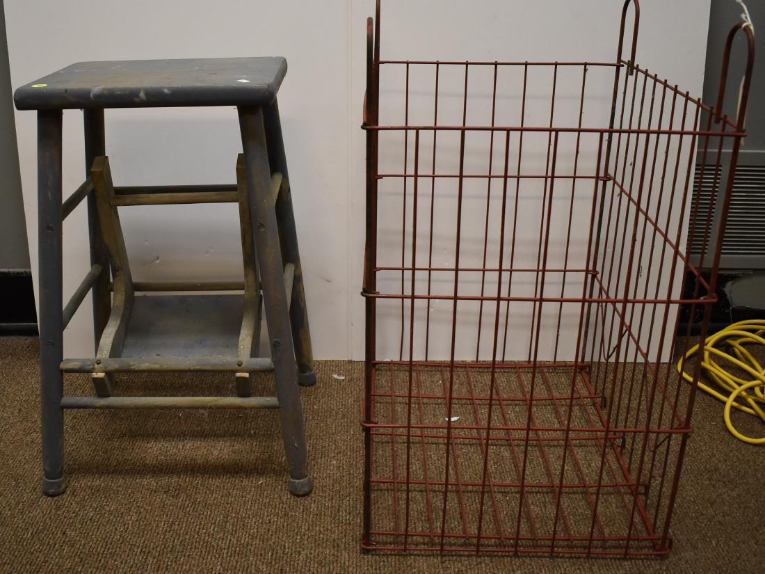 Wire Hanging Basket and Step Stool: Basket measures approx. 26"h x 20"w x 16"d. It is a red metal wire basket. Lot also includes a folding step stool.