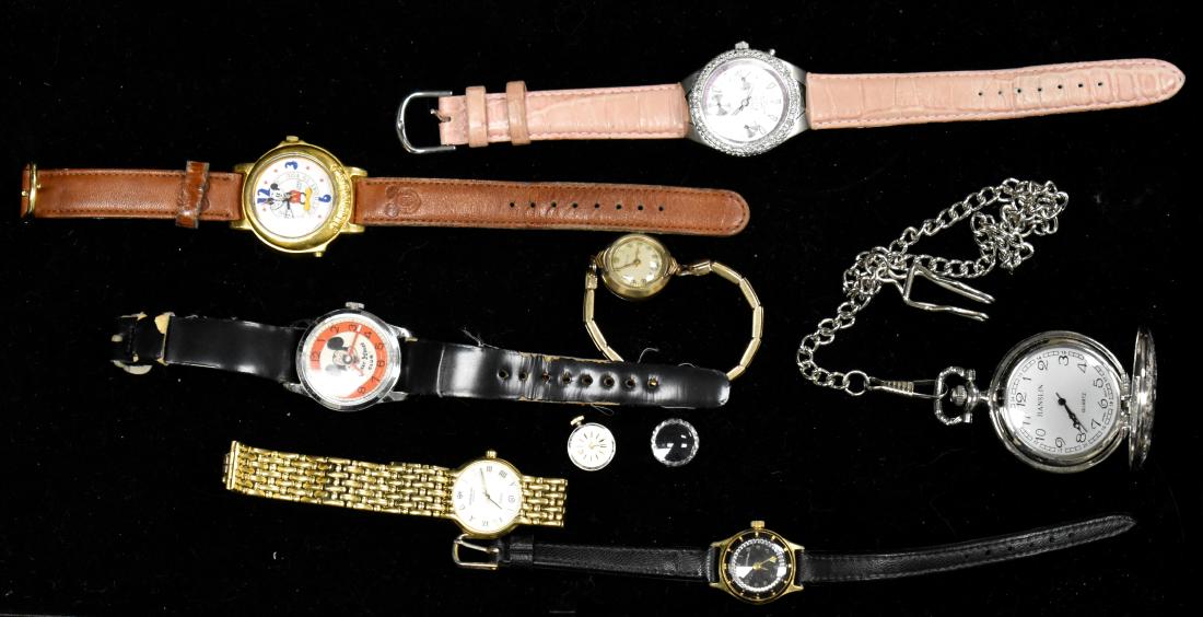 Disney, Mickey Mouse Watches and others: Including a vintage Mickey Mouse Club watch marked "Swiss Made", a Lorus Mickey Mouse Birthday watch, a lady's "Raymond Weil" with calendar marked "Swiss", a lady's Anne Klein diamond marked "Swiss",